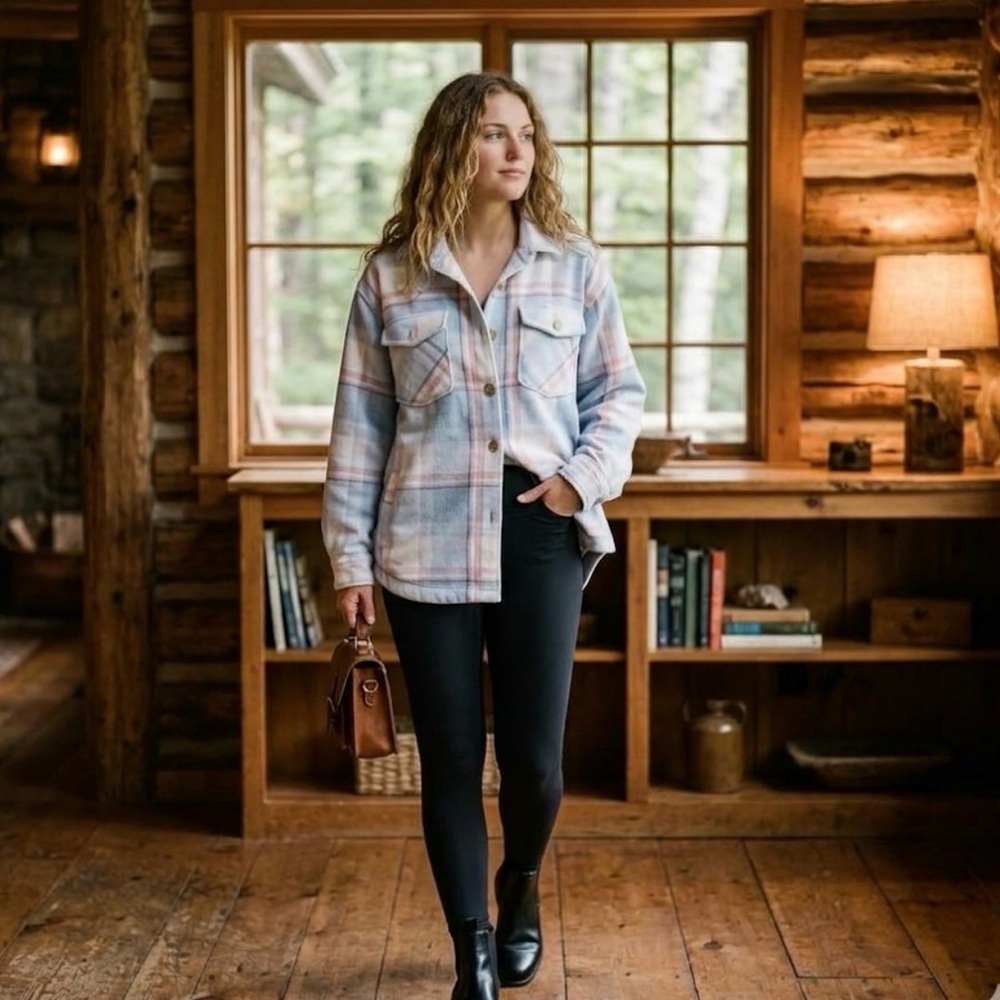 Plaid Button-Up Jacket in Blue and Pink